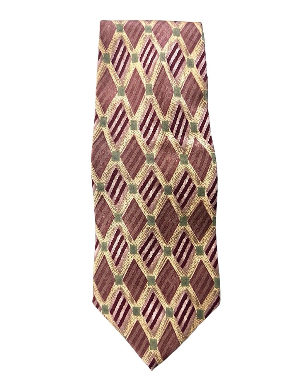 Cambridge Classics 90’s 100% Silk Geometric Tie Maroon Tan & Olive Green Trellis